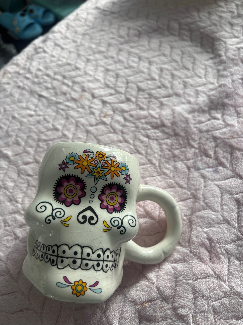 Skullcandy White Sugar Skull Mug with Pink and Yellow Floral Accents